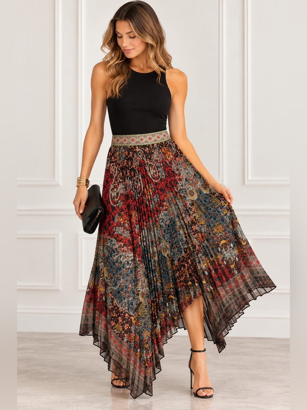 Alice + Olivia Aida Asymmetrical Pleated Paisley Maxi Skirt Size 0 NWT $495